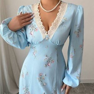 Elegant Blue Floral Women's Dress